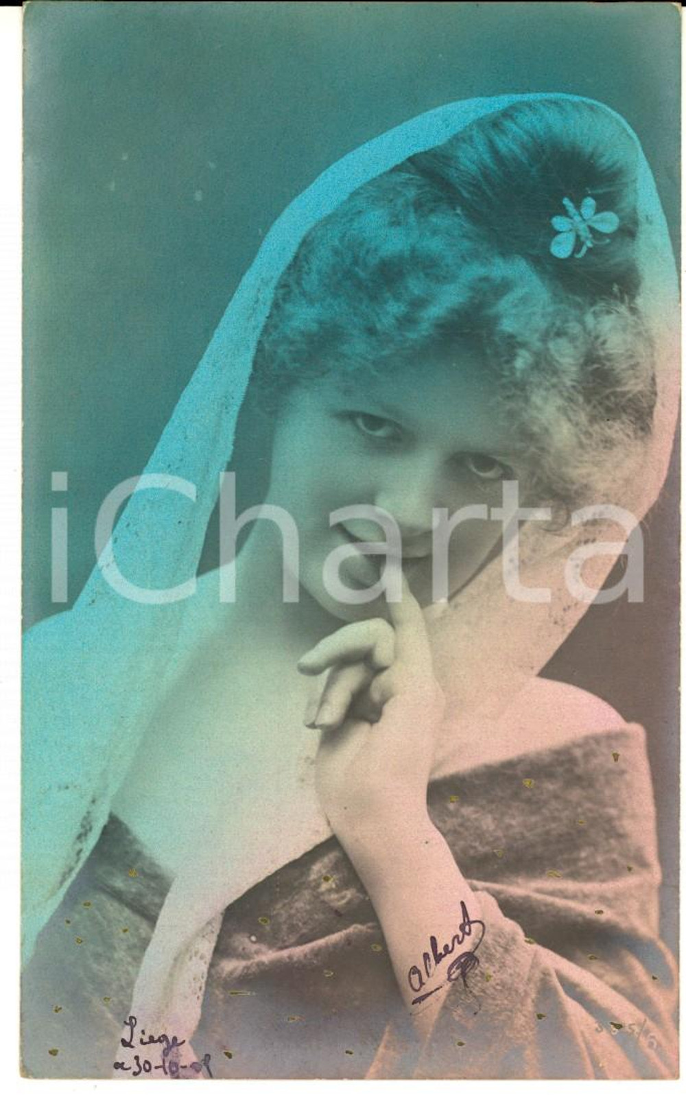 Cartolina originale da collezione 1909 BELLE EPOQUE TEATRO Attrice con velo di pizzo  Cartolina colorata FP VG 1