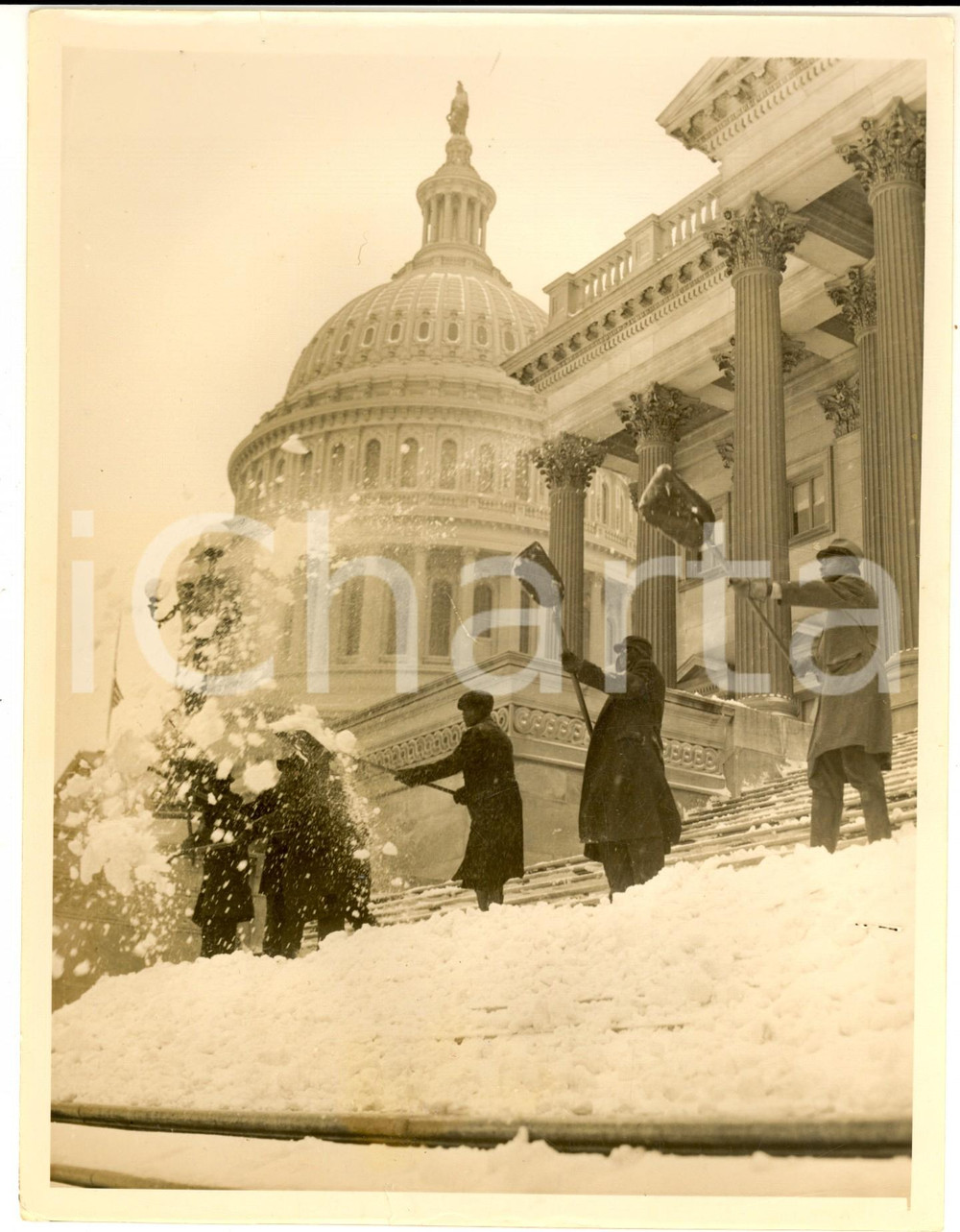 Fotografia d epoca originale 1935 ca WASHINGTON CAMPIDOGLIO Spalatori al lavoro dopo forte nevicata Foto 1