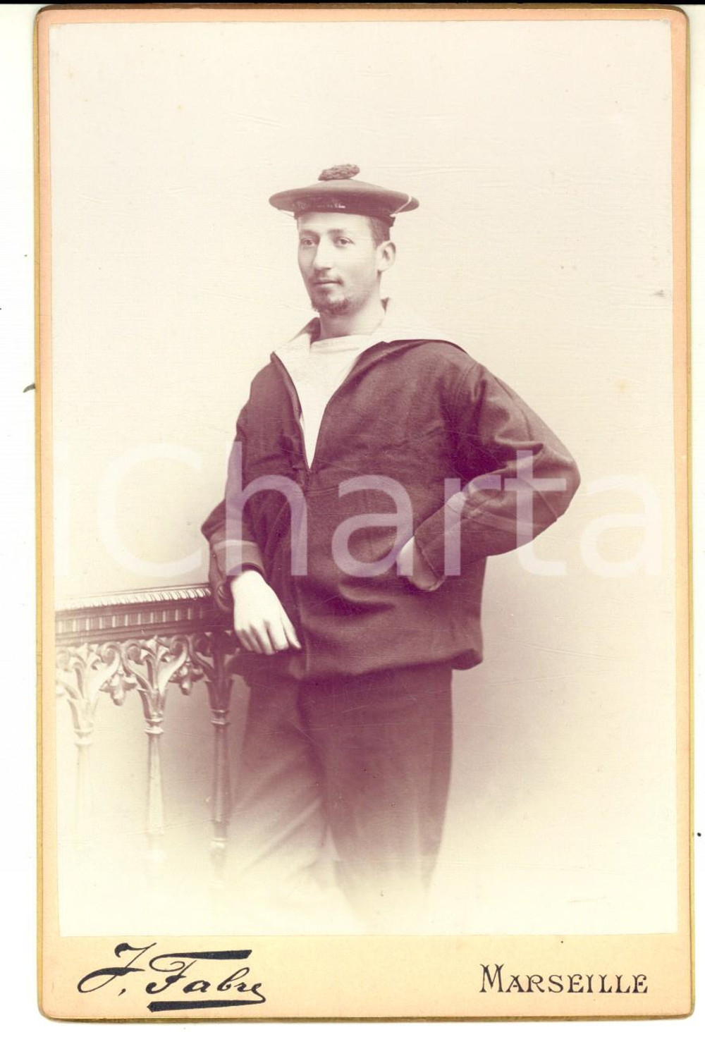 Fotografia d epoca originale 1890 ca MARSEILLE MARINE NATIONALE Portrait de matelot  Photo J. FABRE 11x16 cm 1