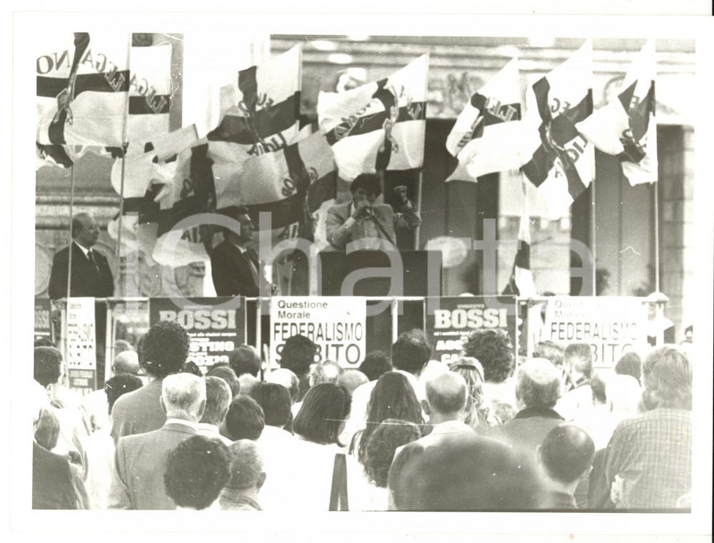 Fotografia d epoca originale 1990 ca GENOVA  LEGA NORD Comizio di Umberto BOSSI Foto VINTAGE 24x18 1