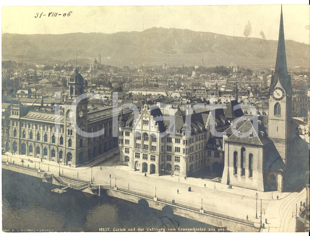 Fotografia d epoca originale 1906 ZURICH Der Uetliberg vom Grossmunster  VINTAGE photo 22x17 cm 1