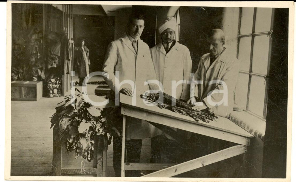 Fotografia d epoca originale 1930 ca INDIA Esperto italiano presso laboratorio stoffe  Foto cartolina RARA 1