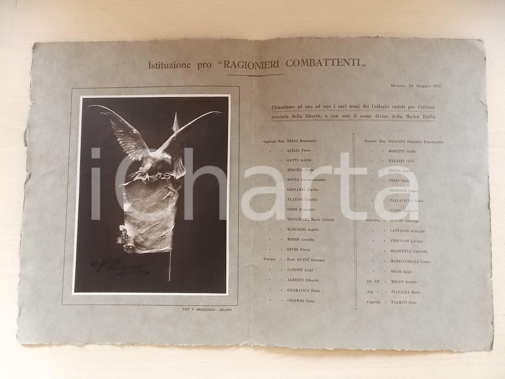 Fotografia d epoca originale 1921 MILANO Istituzione pro RAGIONIERI COMBATTENTI  Foto monumento Caduti 1
