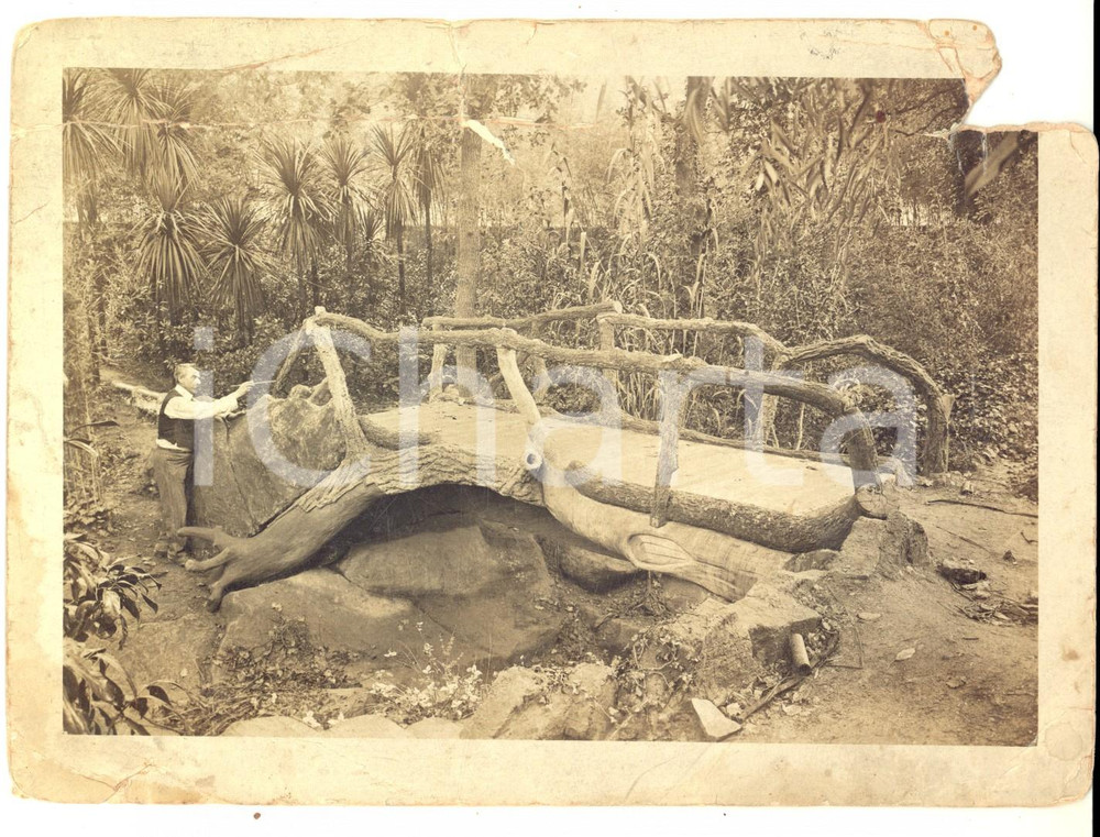 1920 ca GIARDINI Costruzione di un ponticello - Foto RARA DANNEGGIATA 18x13