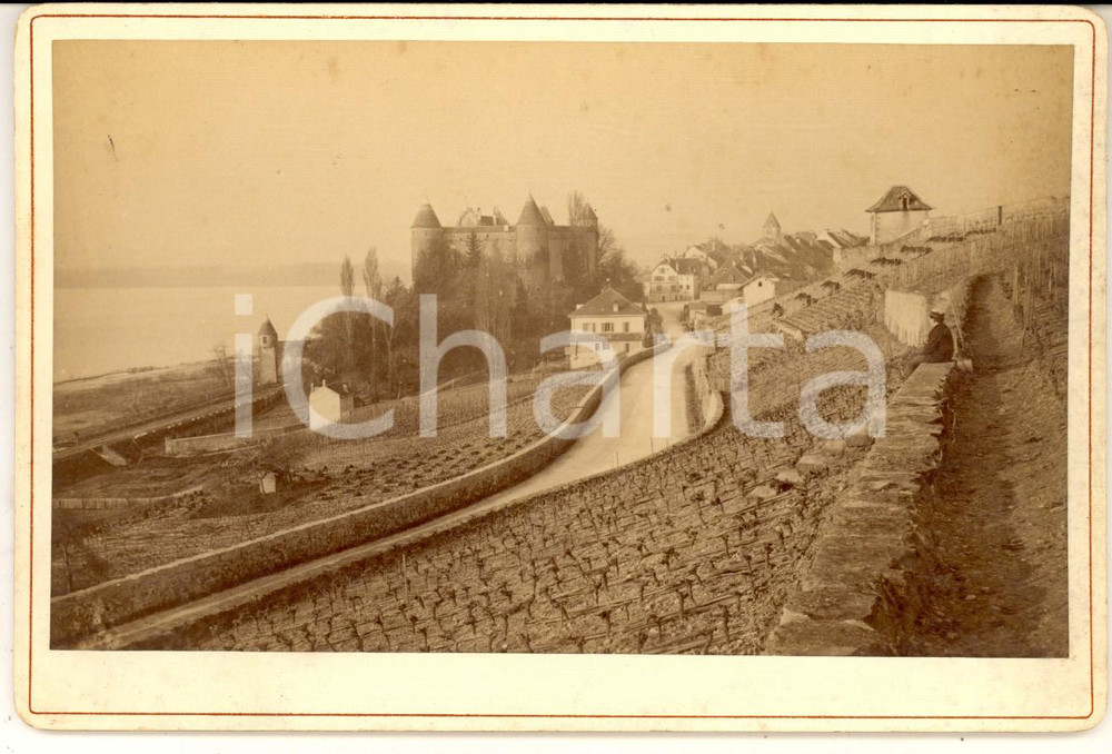 Fotografia d epoca originale 1887 YVERDON Panorama con il castello Foto BALLENEGGER RARA ANIMATA 16x11 cm 1