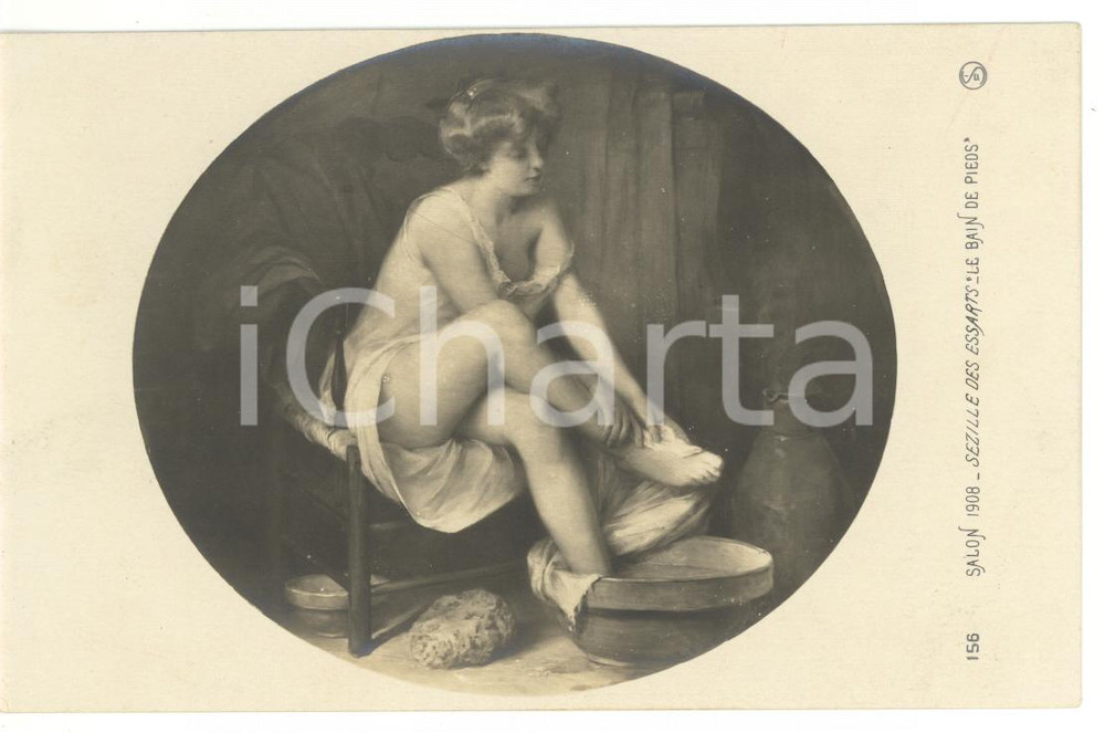 Cartolina originale da collezione 1908 SALON DE PARIS Auguste SEZILLE DES ESSARTS  Le bain de pieds Cartolina 1