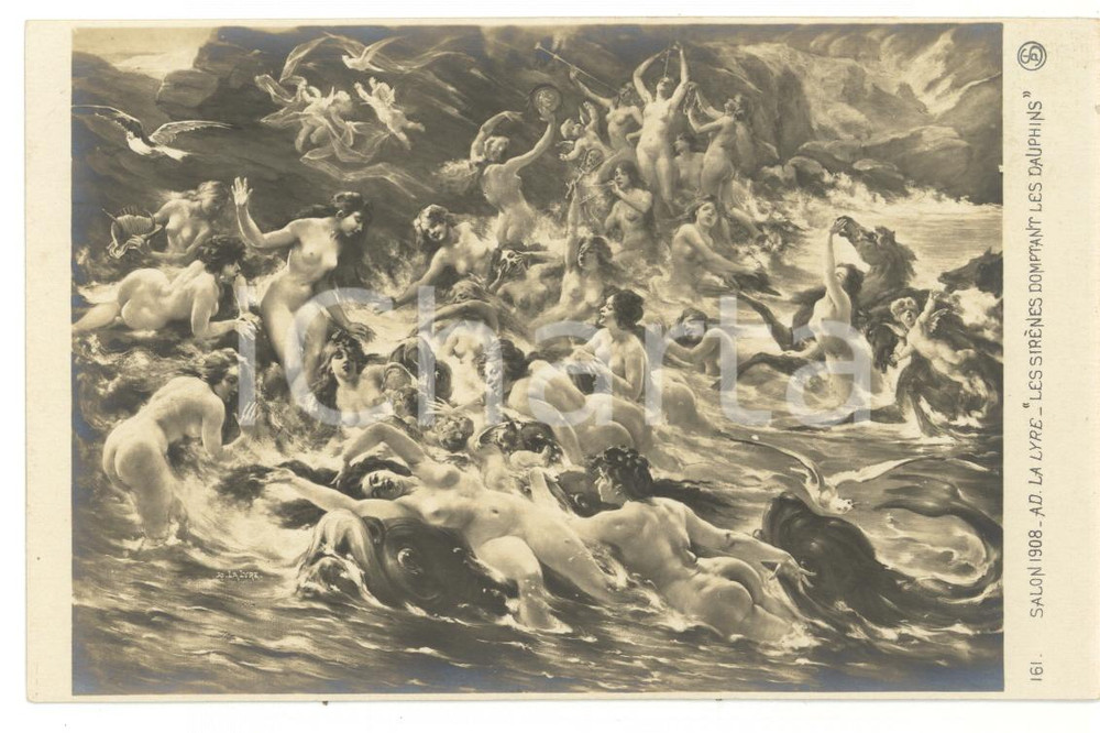 Cartolina originale da collezione 1908 SALON DE PARIS Adolphe LA LYRE  Les sirÃ¨nes dompant les dauphins 1