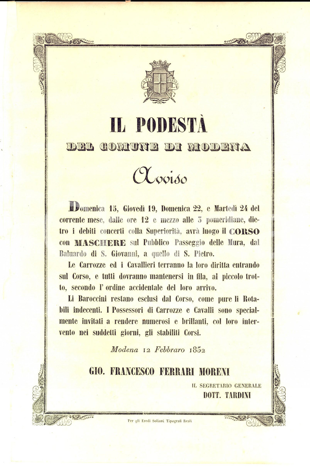 Documento originale, autentico 1852 MODENA CARNEVALE Corso delle Maschere  Avviso carrozze e baroccini CURIOSO 1