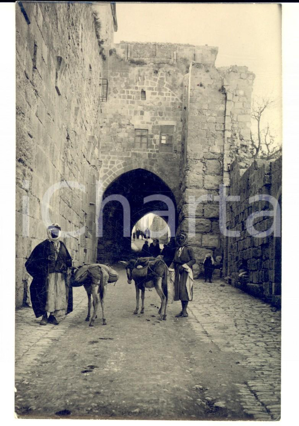 Fotografia d epoca originale 1920 ca TUNISIA ? Veduta con antica porta cittadina e abitanti Foto cartolina 1