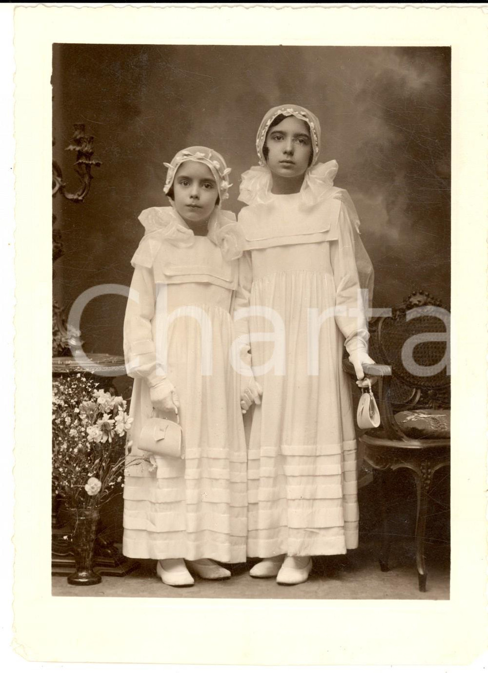 Fotografia d epoca originale 1934 MILANO Ritratto di Elena e Rita BONELLI  Prima Comunione Foto RECCHIA 1
