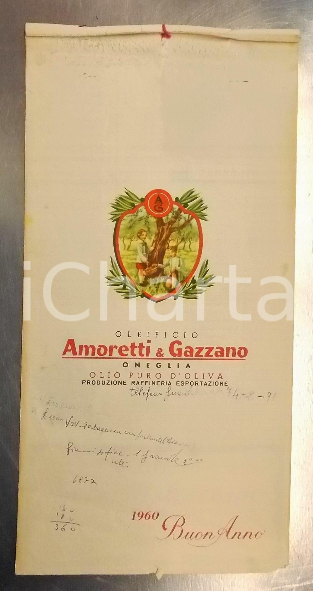 Oggetto da collezione cartaceo 1960 OLEIFICIO AMORETTI & GAZZANO Calendario illustrato  Pubblicazione 22x40 cm 1