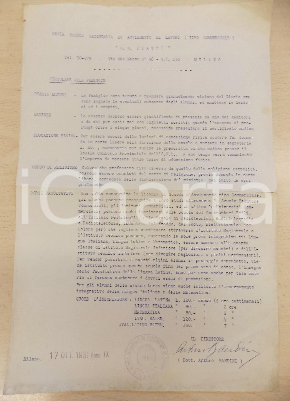 Documento originale, autentico 1931 MILANO Scuola Avviamento G. B. PIATTI Norme per diario, religione e corsi 1