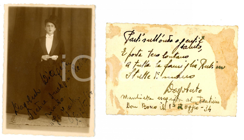 Fotografia d epoca originale 1934 Teatrino DON BOSCO  Dagoberto D AGATA in scena truccato Foto 6x8 cm 1