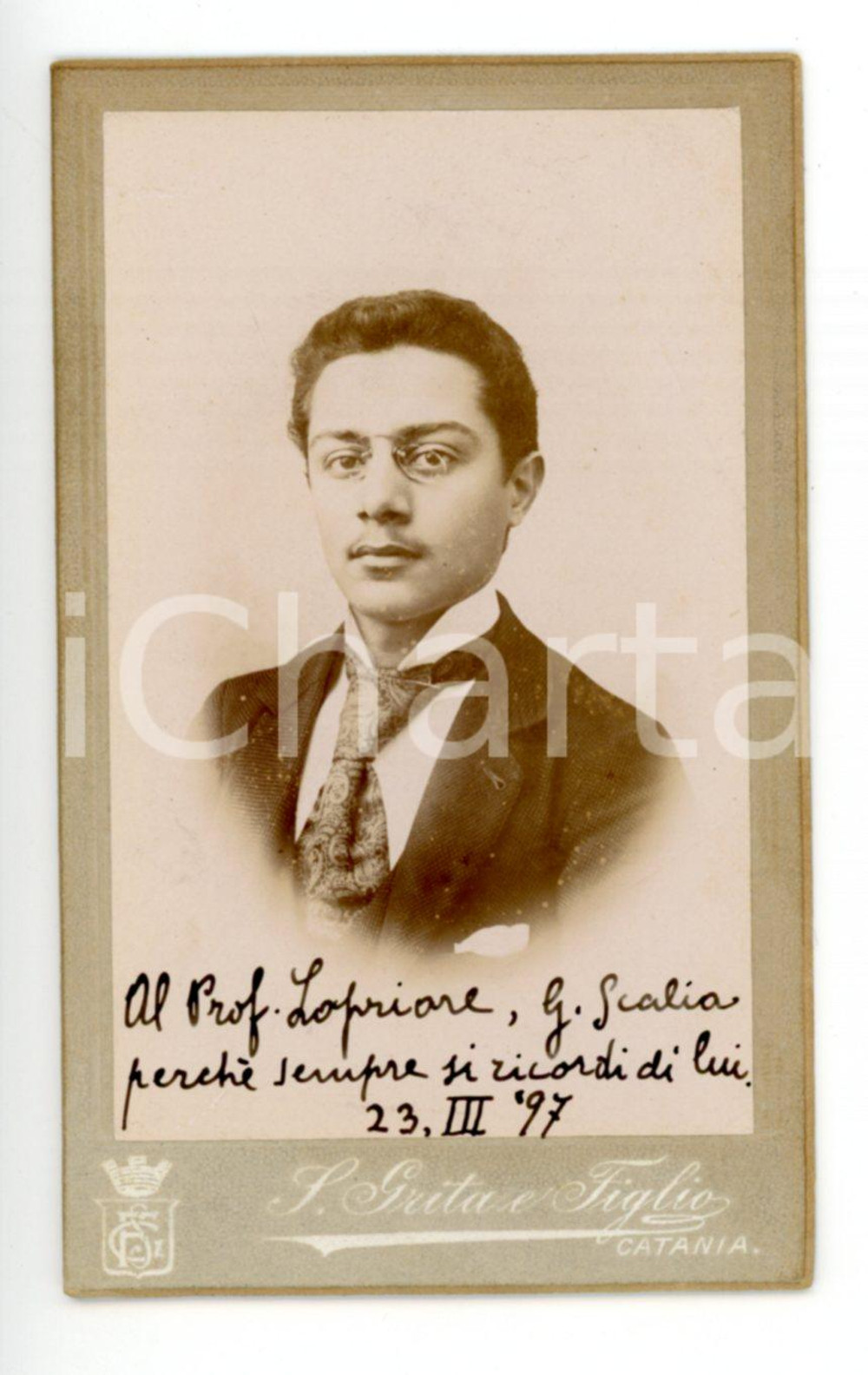 Fotografia d epoca originale 1897 CATANIA Ritratto del micologo Giuseppe SCALIA Foto S. GRITA  AUTOGRAFO 1