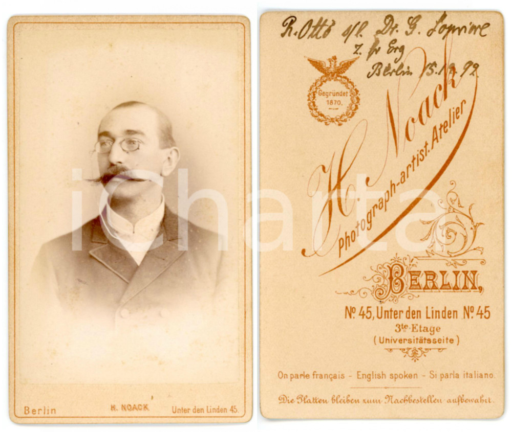 Fotografia d epoca originale 1892 BERLIN Ritratto del botanico Richard OTTO Foto H. NOACK  CDV 1