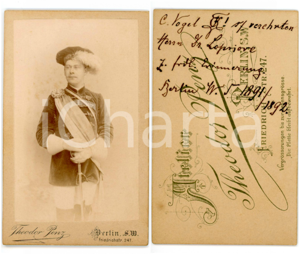 Fotografia d epoca originale 1892 BERLIN Ritratto C. VOGEL in divisa militare Foto Theodor PENZ  AUTOGRAFO 1