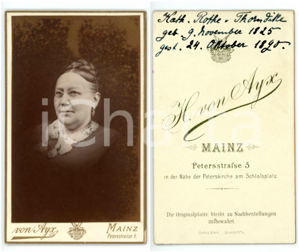 Fotografia d epoca originale 1890 MAINZ Ritratto di Katharina ROTHE THORNDIKE Foto VON AYX  CDV 1