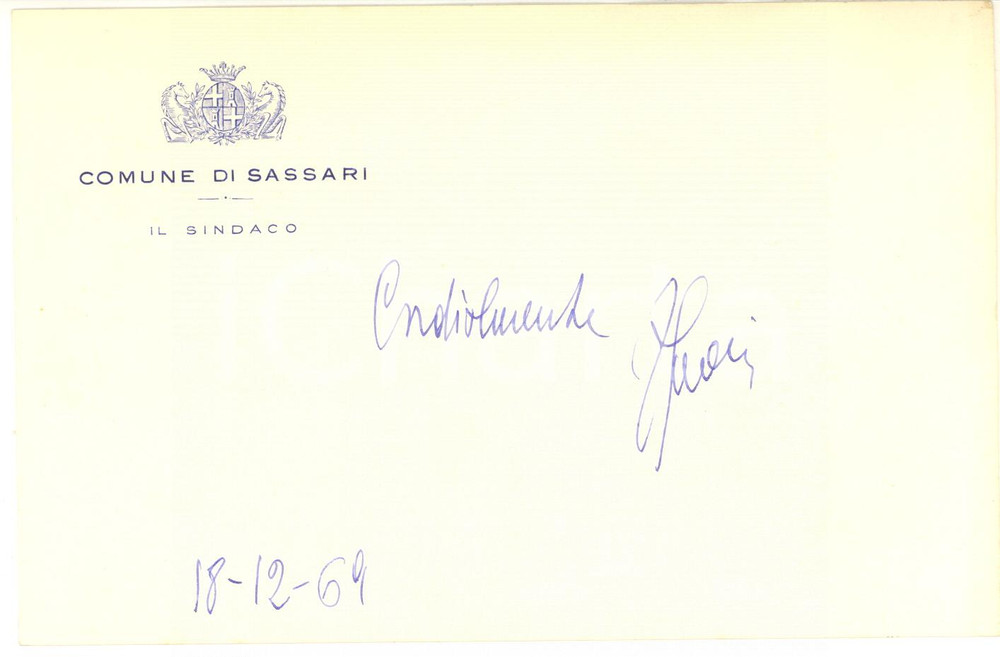 Autografo originale 1969 SASSARI Biglietto sindaco Francesco GUARINO  AUTOGRAFO 18x12 cm 1