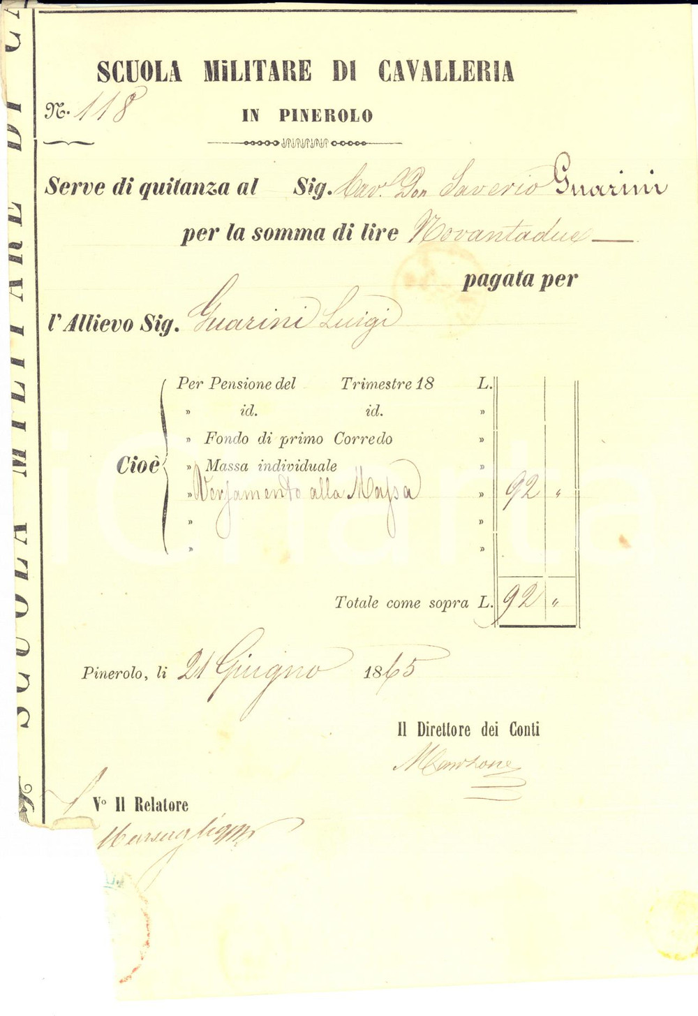 Documento originale, autentico 1865 PINEROLO Scuola Militare di Cavalleria  Quietanza Luigi GUARINI Viaggiata 1