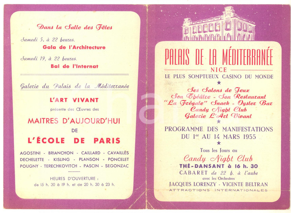 Materiale pubblicitario d’epoca 1955 NICE Palais de la MÃ©ditÃ©rranÃ©e  Programme manifestations VINTAGE 1