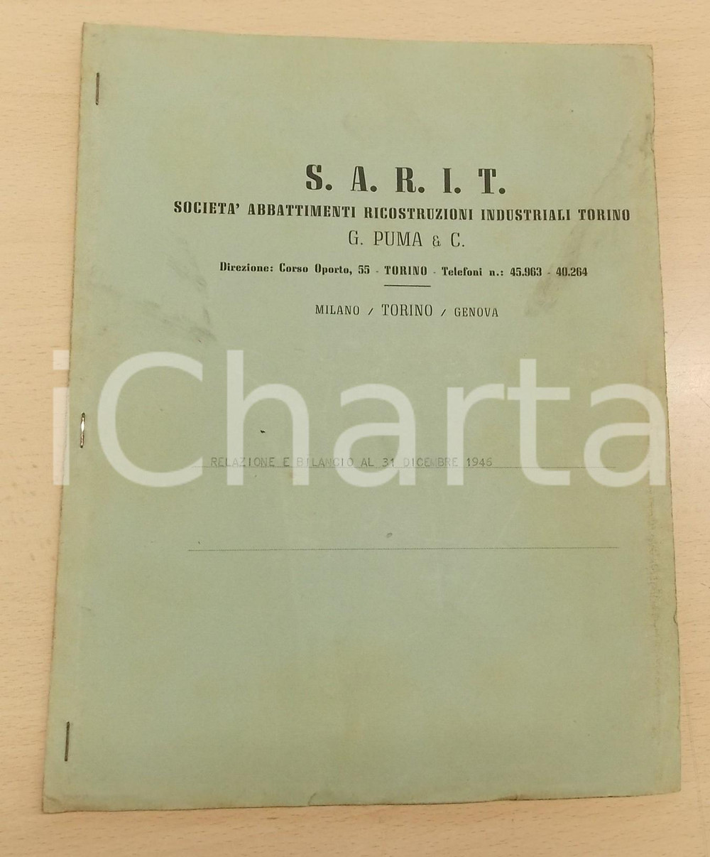 Libro, pubblicazione d epoca 1946 TORINO SocietÃ   S.A.R.I.T. Relazione e bilancio al 31 dicembre  11 pp. 1