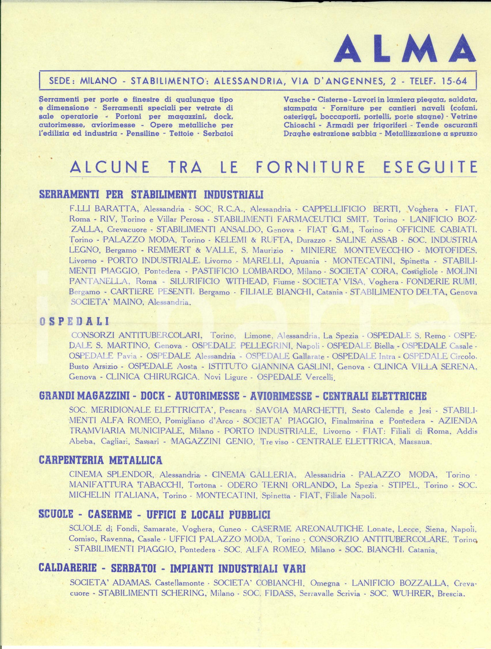 Materiale pubblicitario d’epoca 1950 ca ALESSANDRIA Ditta ALMA Serramenti e opere metalliche  Volantino 1