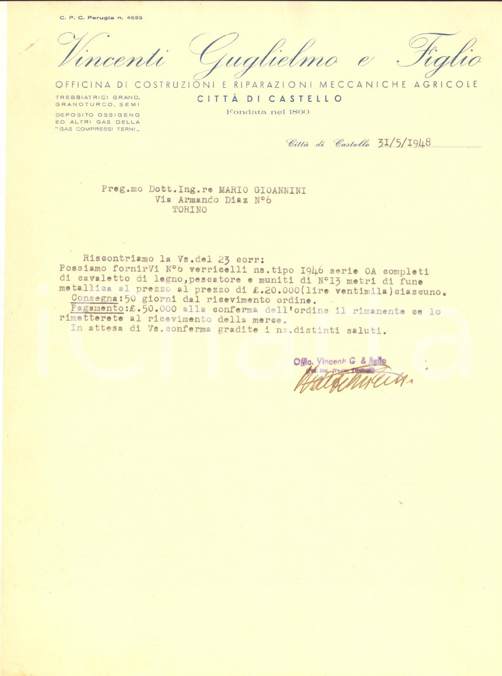 Manoscritto, lettera originale 1948 CITTA  DI CASTELLO Officina riparazioni VINCENTI Guglielmo  Preventivo 1