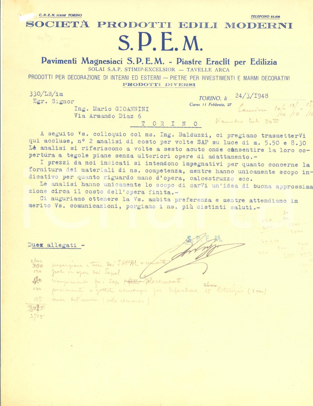 Manoscritto, lettera originale 1948 TORINO Ditta S.P.E.M. Pavimenti magnesiaci e piastre Eraclit  Preventivo 1