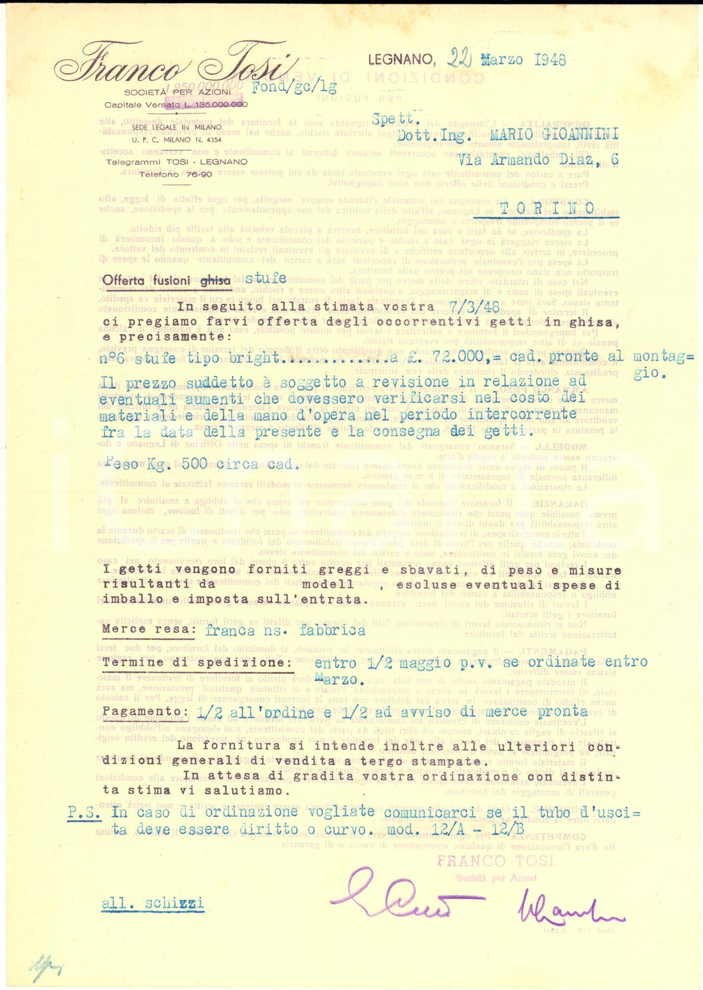 Manoscritto, lettera originale 1948 LEGNANO MI Preventivo ditta Franco TOSI per getti in ghisa  Lettera 1