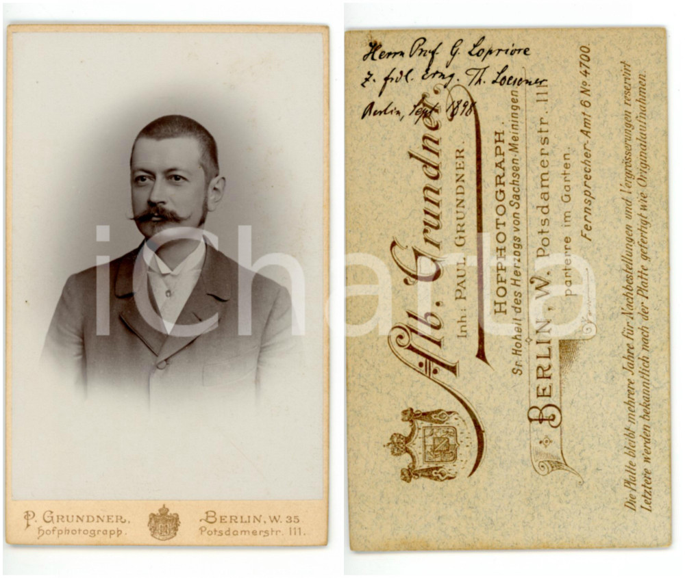 Fotografia d epoca originale 1898 BERLIN Ritratto botanico Theodor LOESENER Foto Albert GRUNDNER AUTOGRAFO 1
