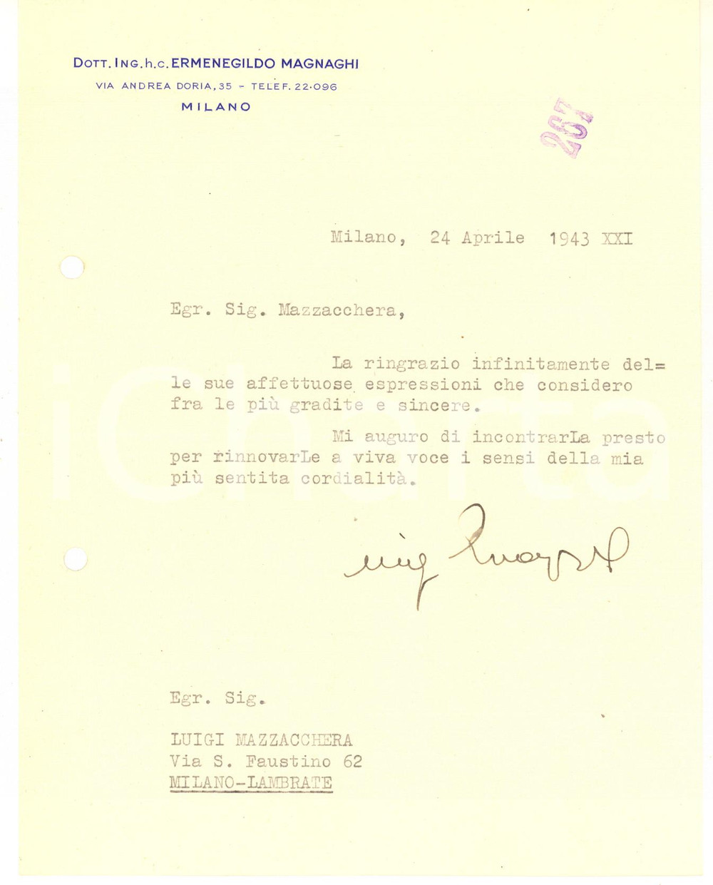 Autografo originale 1943 MILANO Lettera ing. Ermenegildo MAGNAGHI per ringraziamento  AUTOGRAFO 1