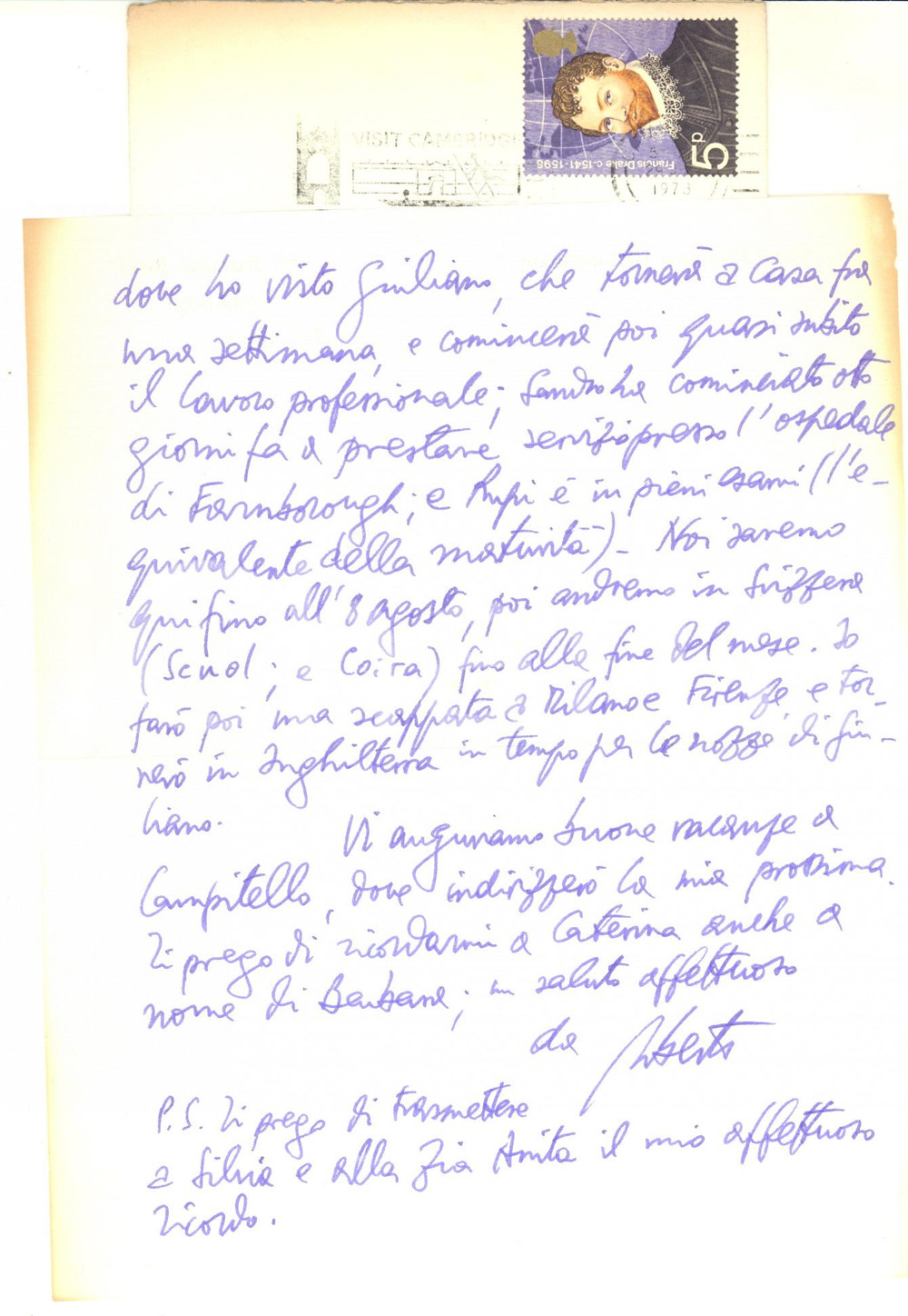 Autografo originale 1973 CAMBRIDGE Lettera Uberto LIMENTANI di ritorno da Belfast  Autografo 1