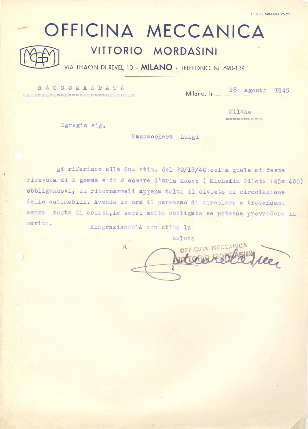 Documento originale, autentico 1945 MILANO via Thaon di Revel  Officina Meccanica Vittorio MORDASINI  Lettera 1