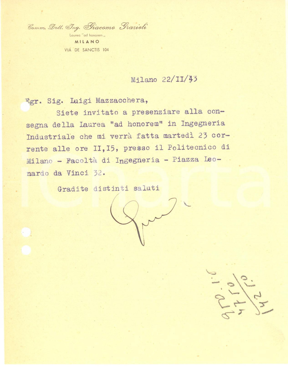 Autografo originale 1943 MILANO Ing. Giacomo GRAZIOLI  Lettera laurea ad honorem AUTOGRAFO 1