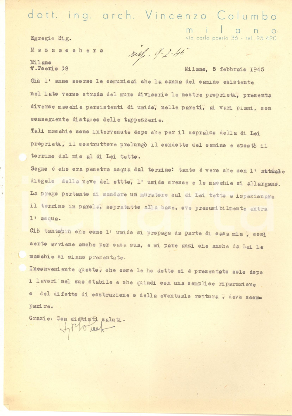 Autografo originale 1945 MILANO Via Poerio 36  Ing. arch. Vincenzo COLUMBO  Lettera AUTOGRAFO 1