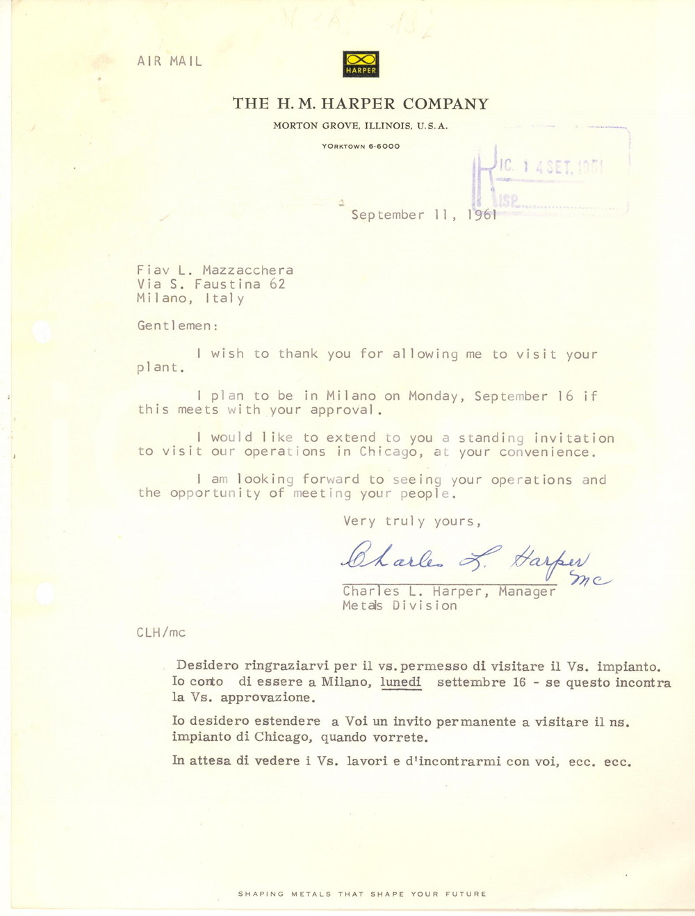 Documento originale, autentico 1961 MORTON GROVE USA The H. M. HARPER Company  Lettera Charles L. HARPER 1