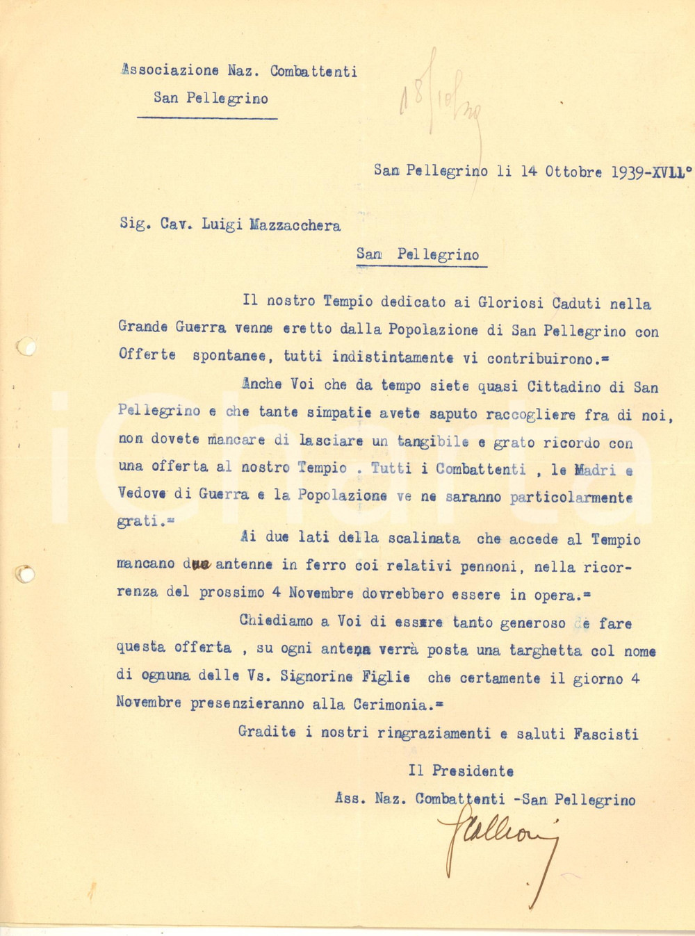 Autografo originale 1939 ANC SAN PELLEGRINO TERME Lettera Gerolamo COLLEONI offerta Tempio Caduti 1