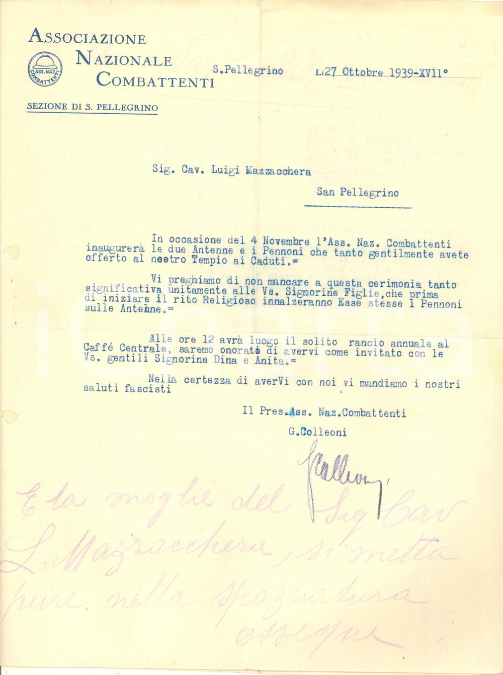 Autografo originale 1939 ANC SAN PELLEGRINO TERME Lettera Gerolamo COLLEONI Tempio Caduti Autografo 1