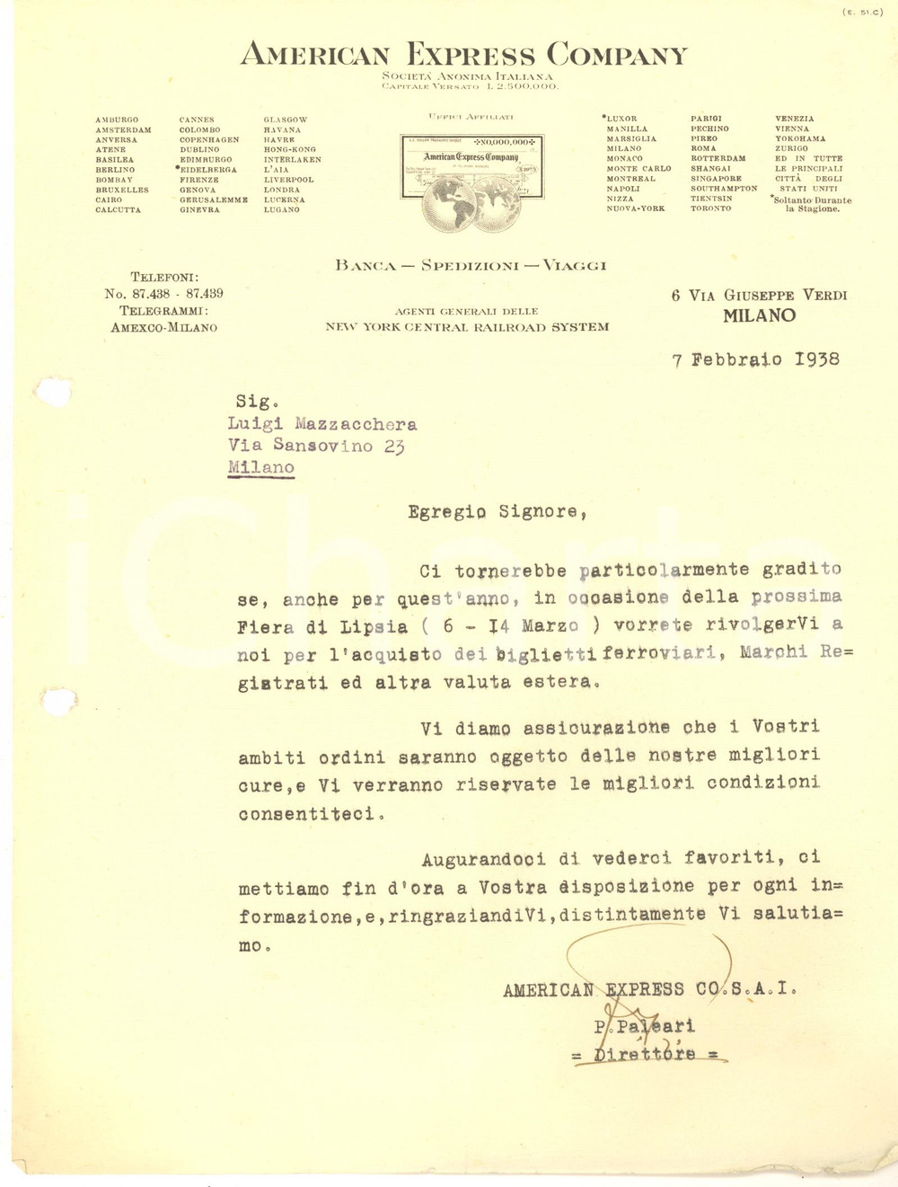 Documento originale, autentico 1938 MILANO  AMERICAN EXPRESS Company  Lettera direttore P. PALEARI 1