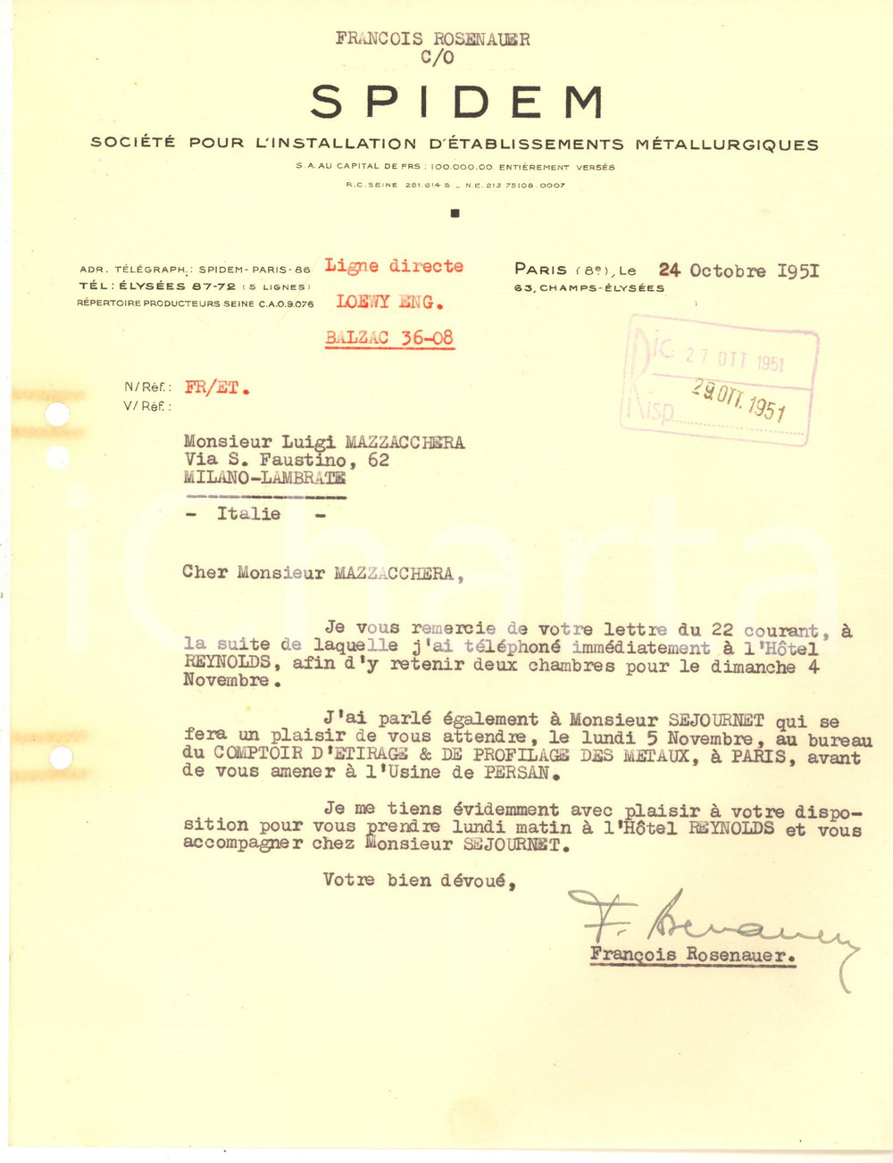 Documento originale, autentico 1951 PARIS  SPIDEM Etablissements MÃ©tallurgiques  Lettera FranÃ§ois ROSENAUER 1