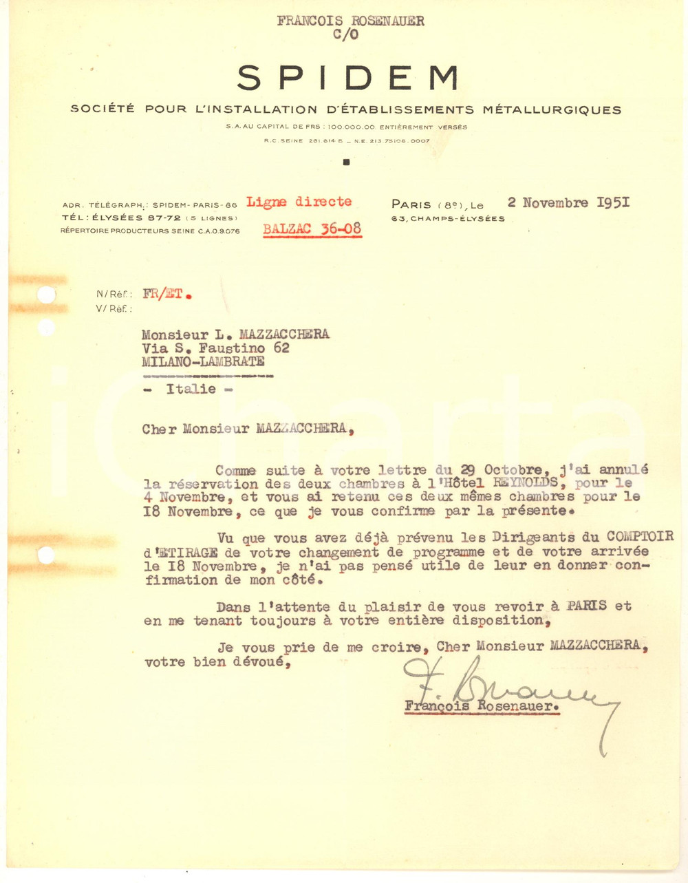 1951 PARIS - SPIDEM Etablissements Métallurgiques *Lettera François ROSENAUER
