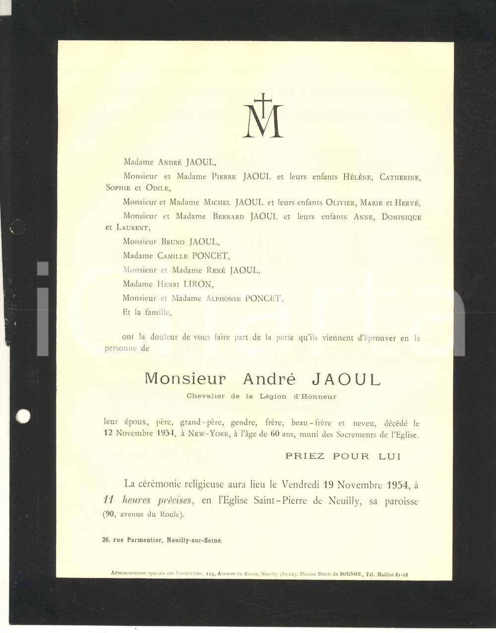 Documento originale, autentico 1954 NEUILLYSURSEINE F Fairepart de deuil  AndrÃ© JAOUL 1