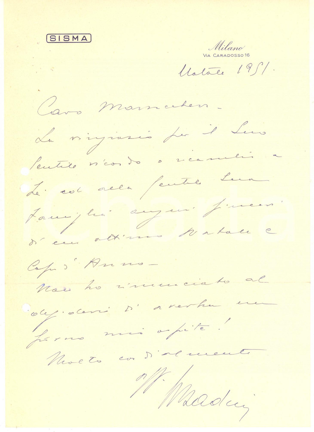 Documento originale, autentico 1951 MILANO  SISMA  Lettera direttore ing. BADINO  AUTOGRAFO 1