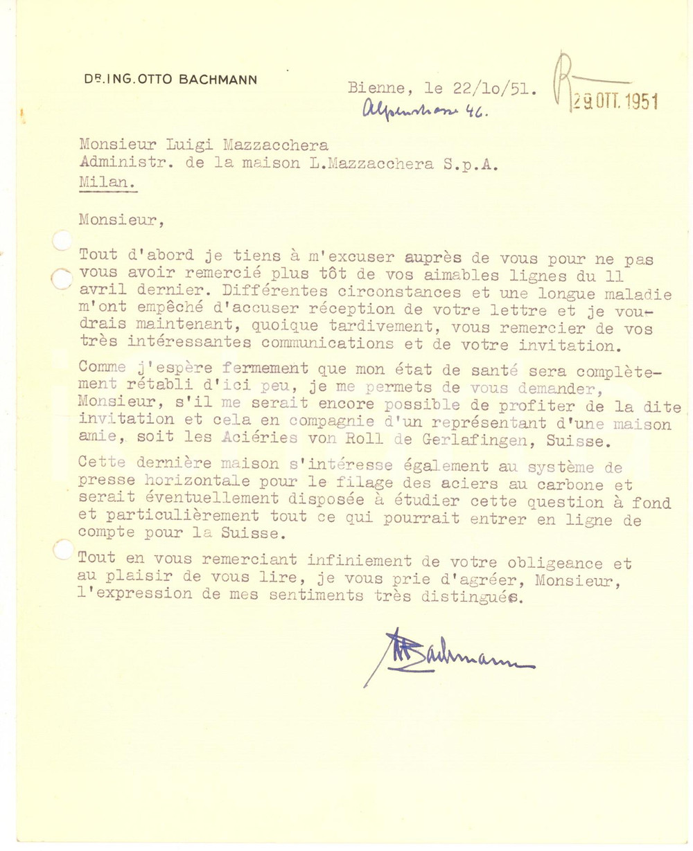 Documento originale, autentico 1951 BIENNE CH Ing. Otto BACHMANN  Lettre rÃ©ponse Ã  invitation AUTOGRAPHE 1