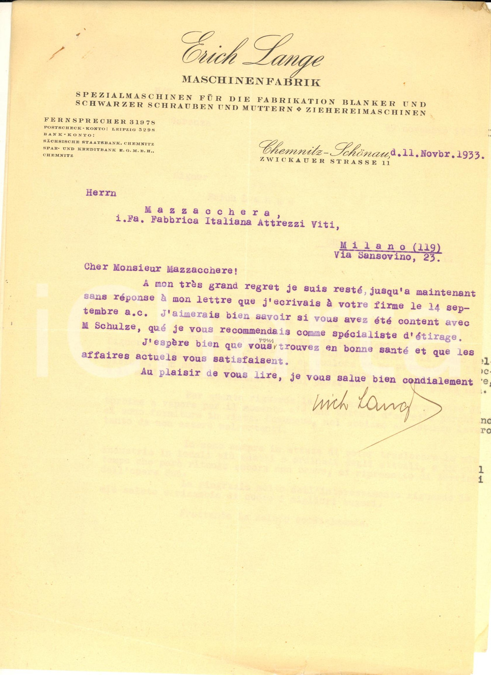 Documento originale, autentico 1933 CHEMNITZSCHONAU D Lettera Erich LANGE  Maschinenfabrik 1