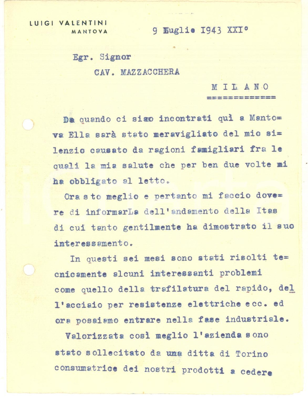 Documento originale, autentico 1943 MANTOVA Lettera imprenditore Luigi VALENTINI  Autografo 1