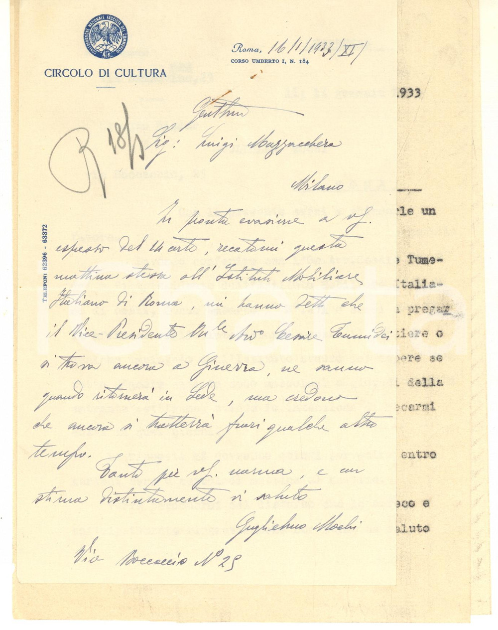 Autografo originale 1933 ROMA Circolo di Cultura  Lettera Guglielmo MOCHI Autografo 1