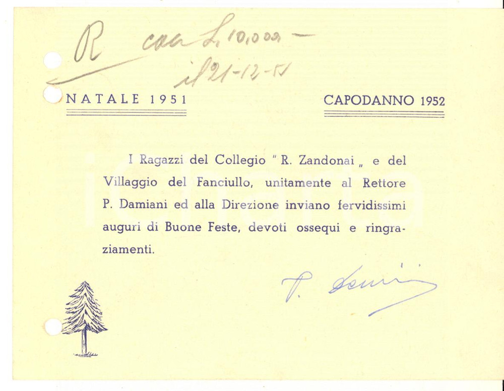Autografo originale 1951 PESARO Biglietto padre Pietro DAMIANI  Auguri Collegio ZANDONAI Autografo 1