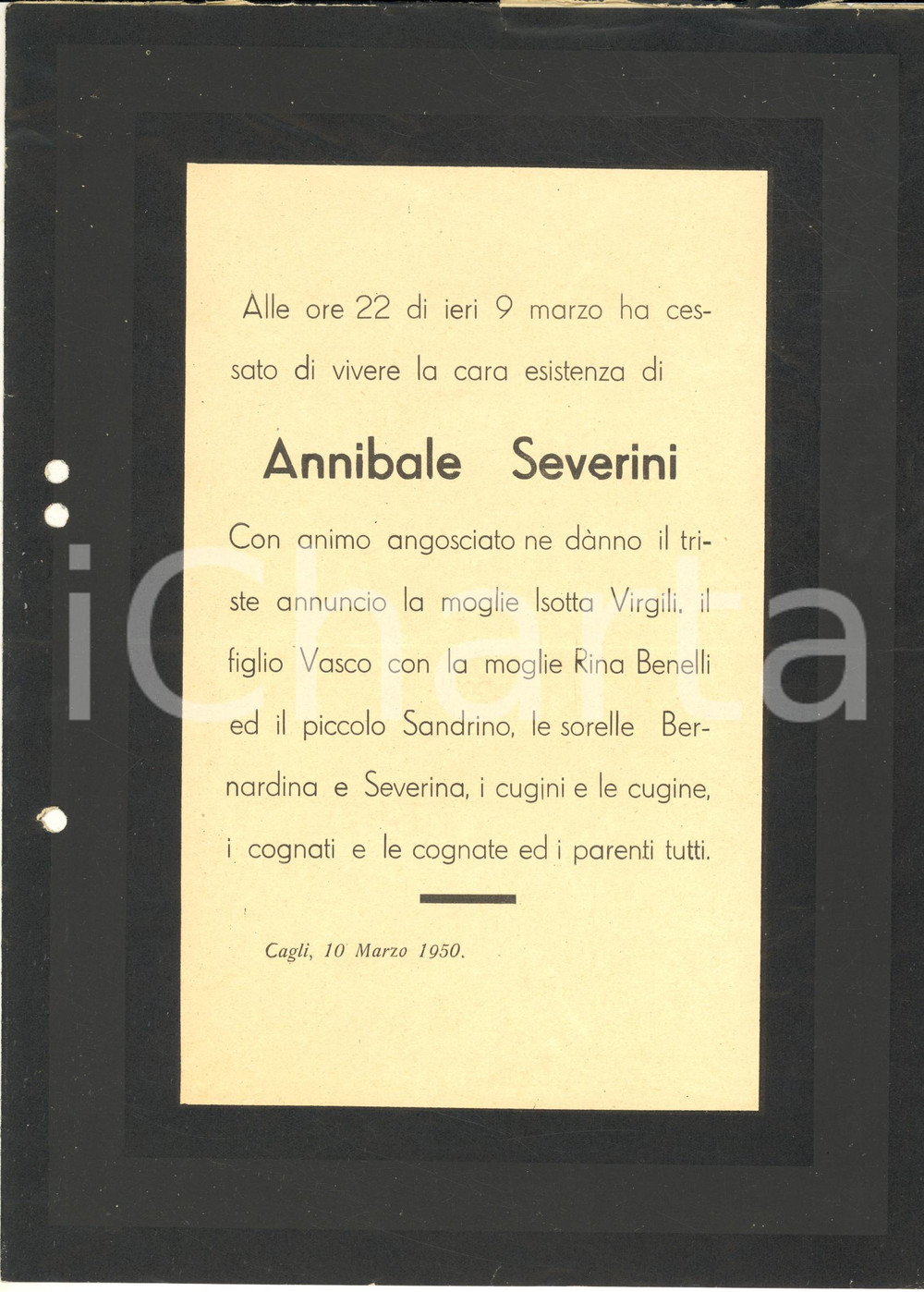 Documento originale, autentico 1950 CAGLI PU Partecipazione lutto  Annibale SEVERINI 1