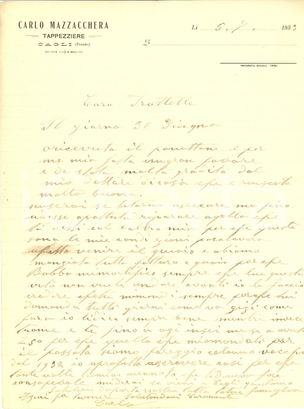Documento originale, autentico 1933 CAGLI PU Tappezziere Carlo MAZZACCHERA  Lettera manoscritta 1